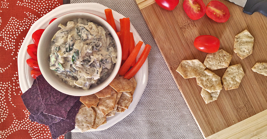 Creamy Vegan Nettle-Artichoke Dip with chips and veggies