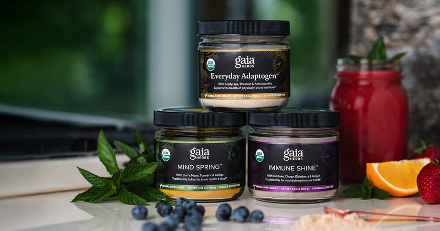 Gaia Herbs Mushrooms & Herbs powders: Everyday Adaptogen, Mind Spring, and Immune Shine