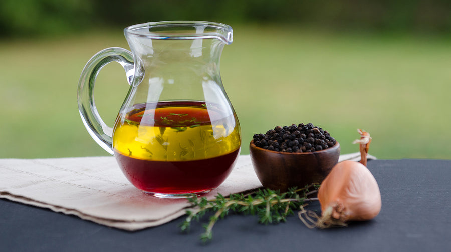 Elderberry Vinaigrette on table with ingredients