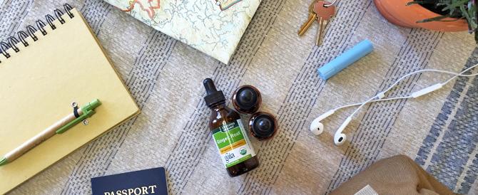 Gaia Herbs Ginger Root extract surrounded by travel essentials