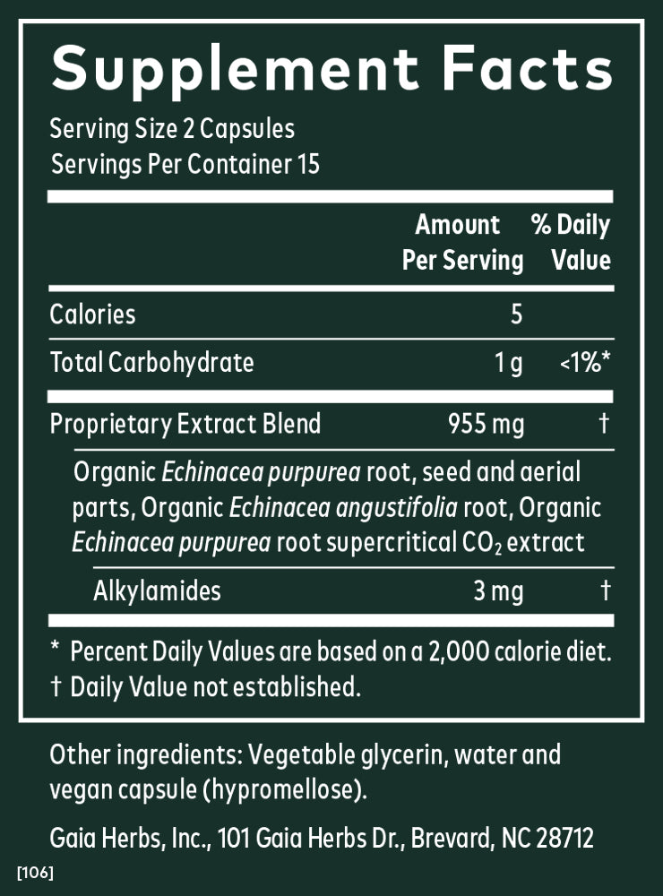 Gaia Herbs Echinacea Supreme supplement facts || 30 ct