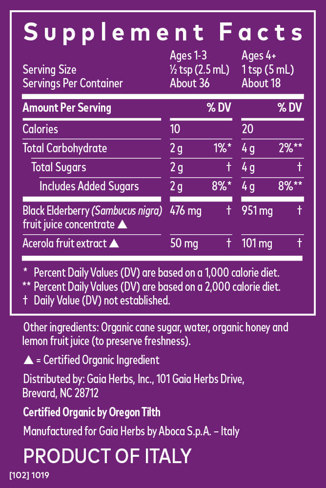 Gaia Herbs GaiaKids Black Elderberry Syrup Supplement Facts