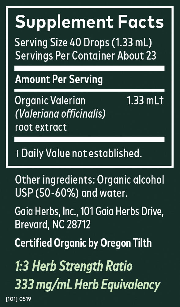 Gaia Herbs Valerian Root, Certified Organic Supplement Facts